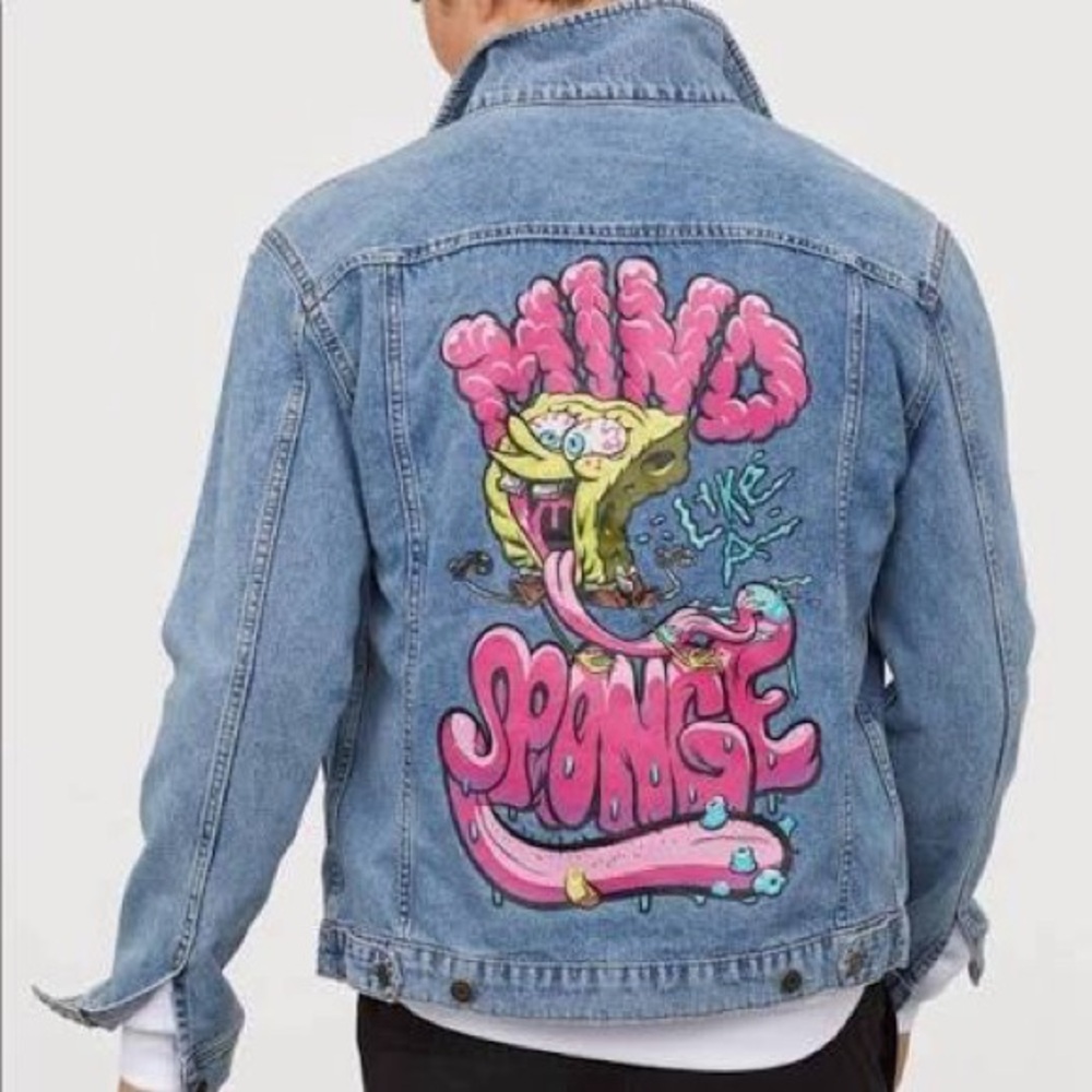 Unisex MENS DIVIDED H&M SPONGEBOB DENIM JACKET Small MIND LIKE A SPONGE GRAPHIC